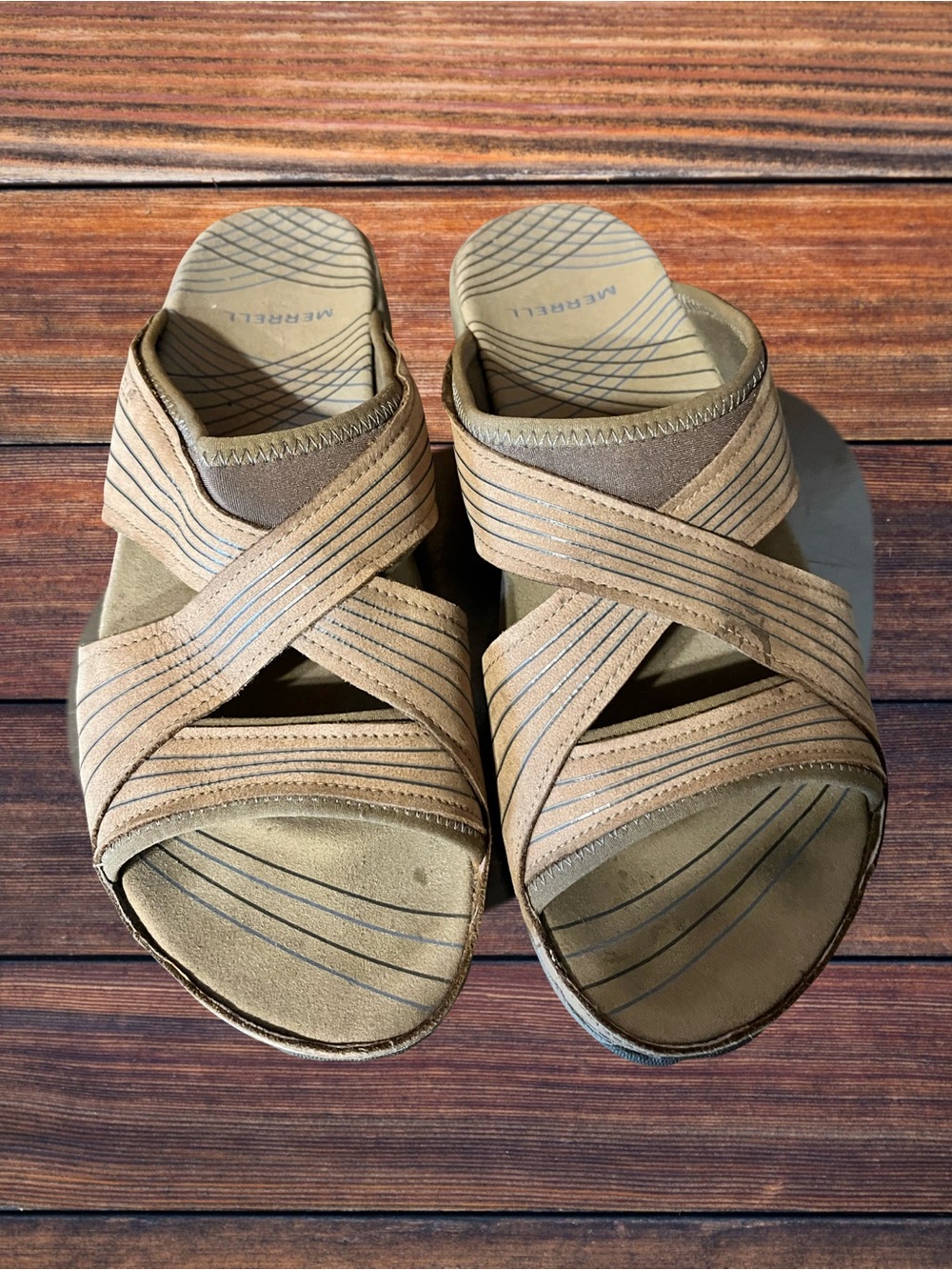 Merrell Women’s Heather Bungee Tan Crisscross Slide Sandals Performance Footwear